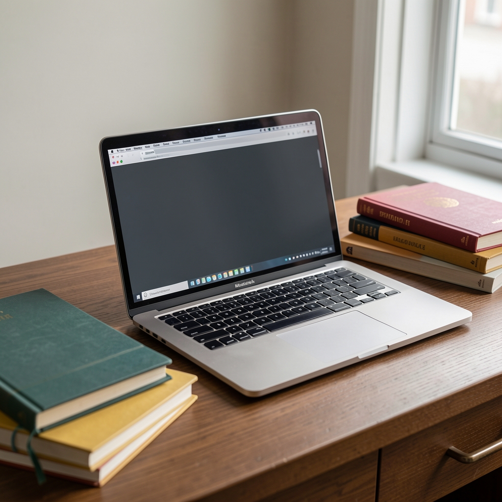 Digitális archívumot böngésző laptop könyvek és jegyzetek mellett