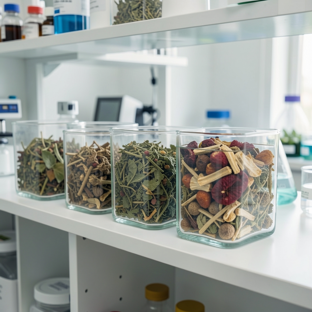 Szárított gyógynövények üvegedényekben egy világos laboratóriumi polcon