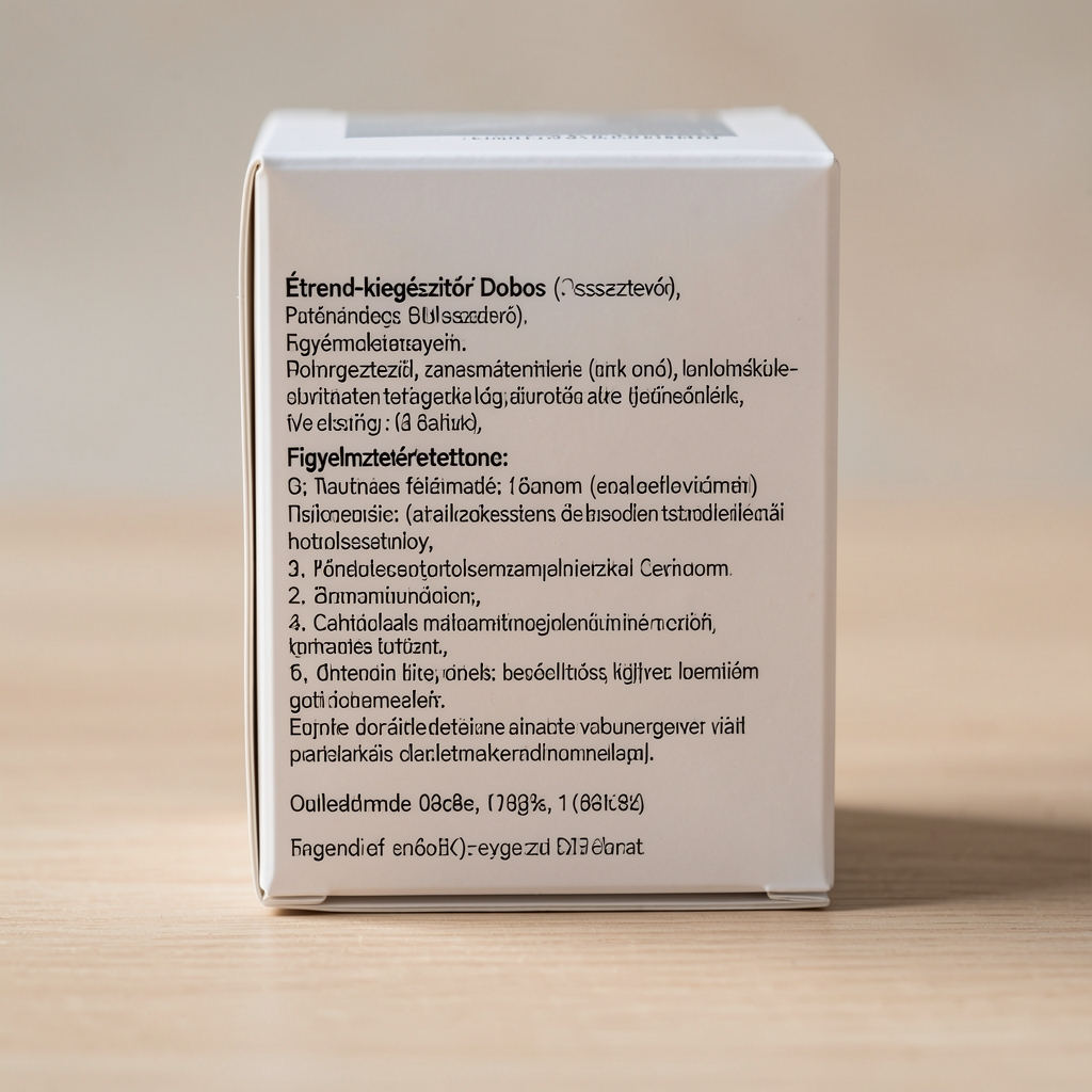 Étrend-kiegészítő doboz hátoldala, rajta az összetevők és a figyelmeztetések apró betűs listája