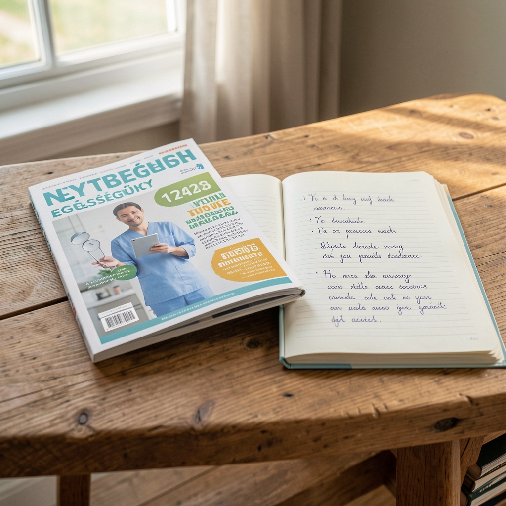 Nyitott egészségügyi magazin és kézzel írt jegyzetek egy fa olvasóasztalon