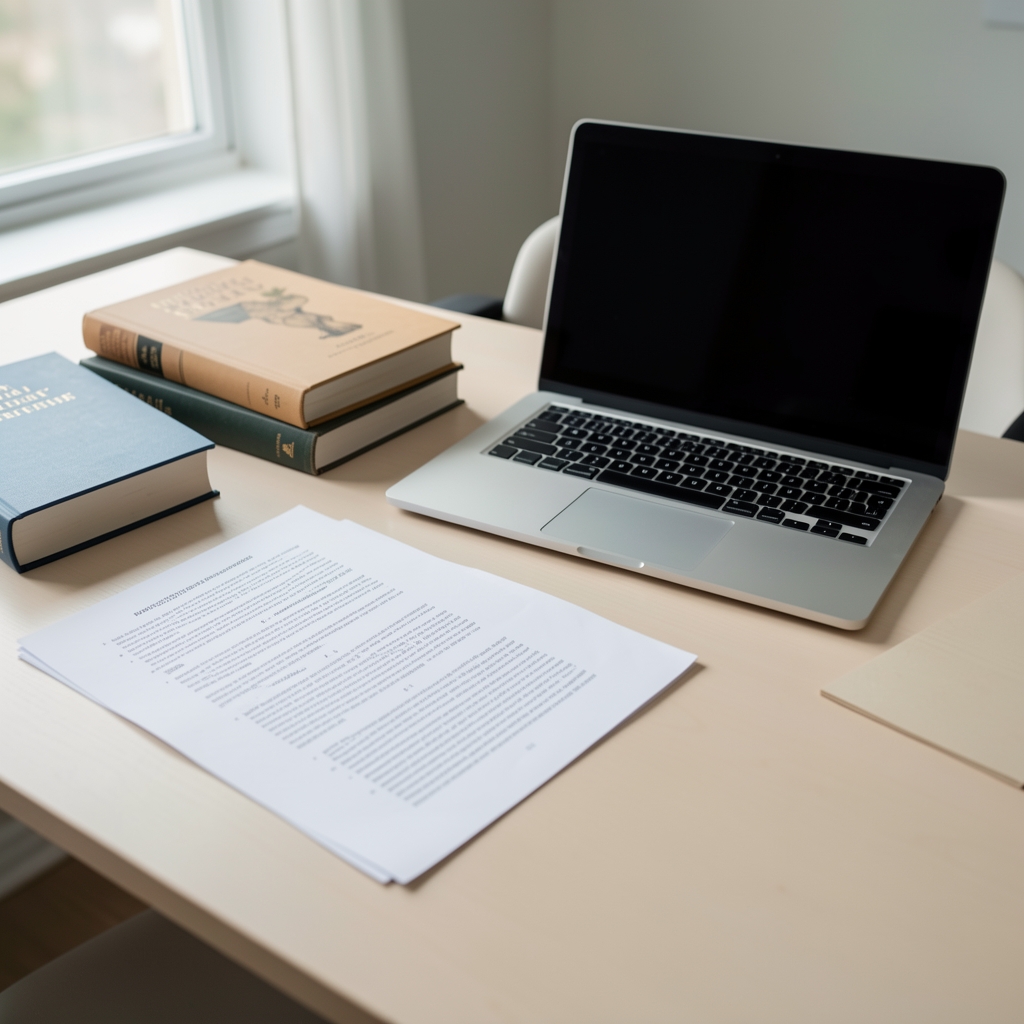 Szerkesztési folyamatot bemutató papírok, könyvek és laptop egy világos asztalon